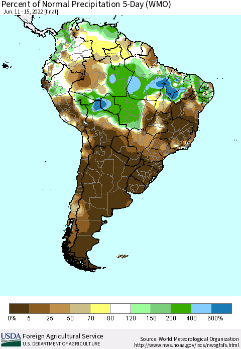 South America Percent of Normal Precipitation 5-Day (WMO) Thematic Map For 6/11/2022 - 6/15/2022