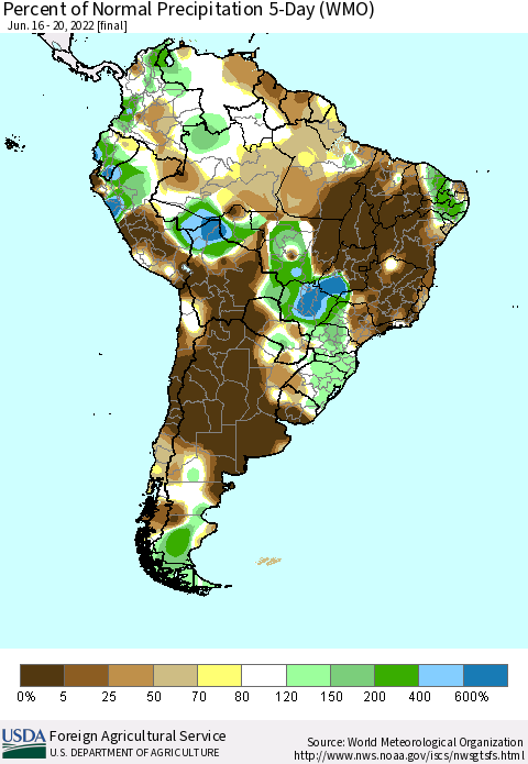South America Percent of Normal Precipitation 5-Day (WMO) Thematic Map For 6/16/2022 - 6/20/2022