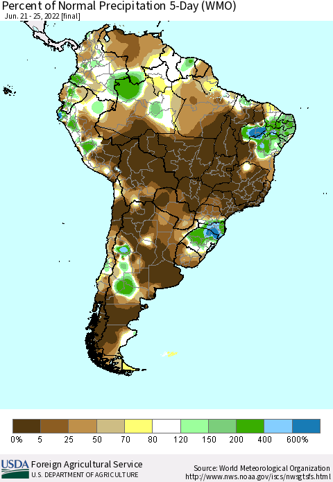 South America Percent of Normal Precipitation 5-Day (WMO) Thematic Map For 6/21/2022 - 6/25/2022