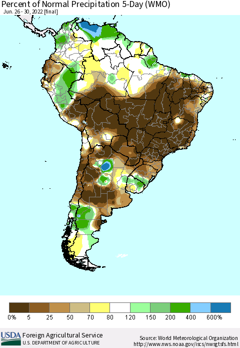 South America Percent of Normal Precipitation 5-Day (WMO) Thematic Map For 6/26/2022 - 6/30/2022