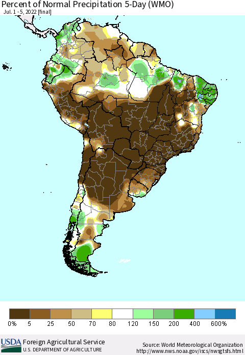 South America Percent of Normal Precipitation 5-Day (WMO) Thematic Map For 7/1/2022 - 7/5/2022