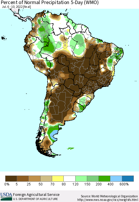 South America Percent of Normal Precipitation 5-Day (WMO) Thematic Map For 7/6/2022 - 7/10/2022