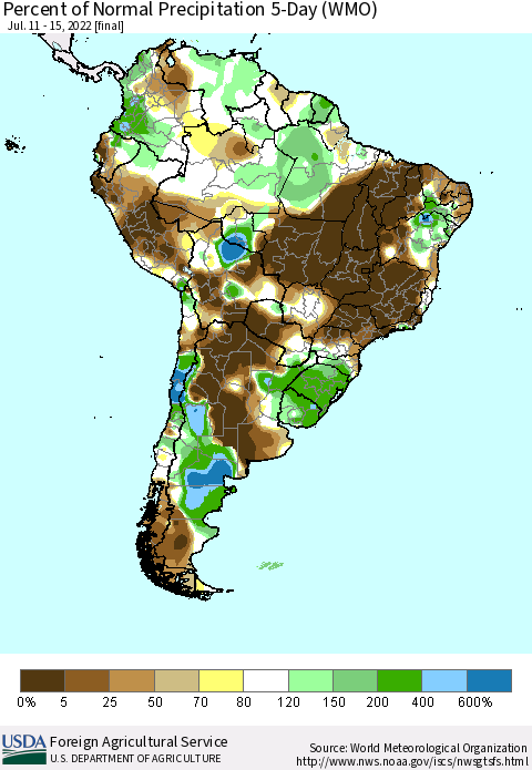 South America Percent of Normal Precipitation 5-Day (WMO) Thematic Map For 7/11/2022 - 7/15/2022