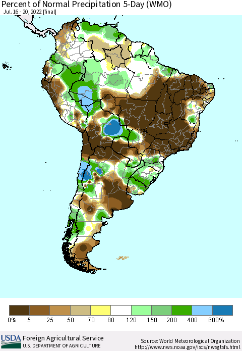 South America Percent of Normal Precipitation 5-Day (WMO) Thematic Map For 7/16/2022 - 7/20/2022