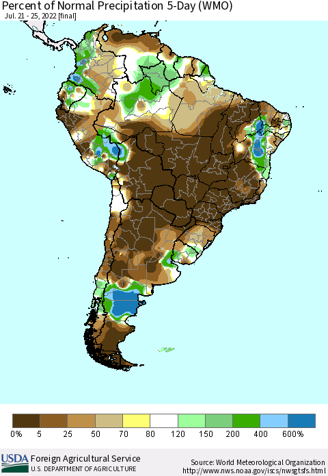 South America Percent of Normal Precipitation 5-Day (WMO) Thematic Map For 7/21/2022 - 7/25/2022
