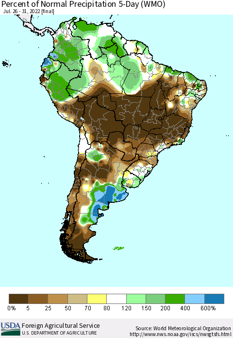 South America Percent of Normal Precipitation 5-Day (WMO) Thematic Map For 7/26/2022 - 7/31/2022