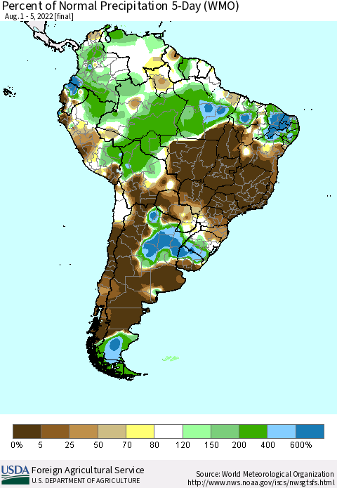 South America Percent of Normal Precipitation 5-Day (WMO) Thematic Map For 8/1/2022 - 8/5/2022