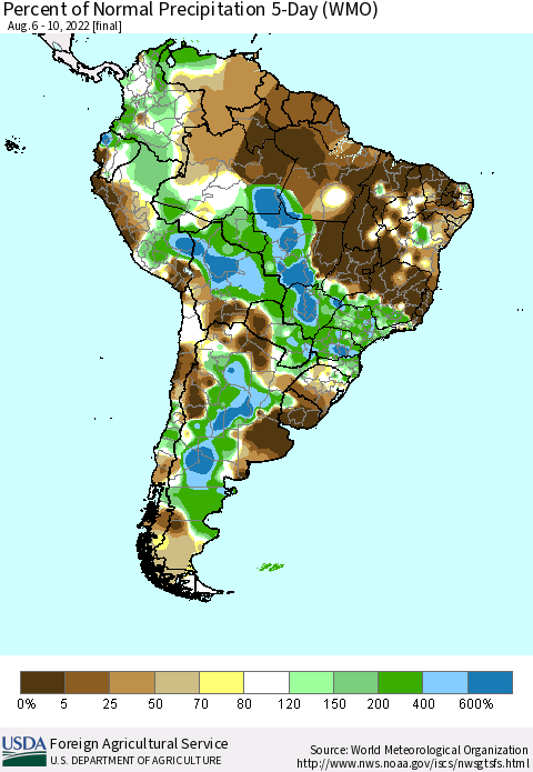 South America Percent of Normal Precipitation 5-Day (WMO) Thematic Map For 8/6/2022 - 8/10/2022