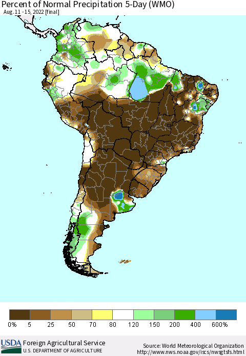 South America Percent of Normal Precipitation 5-Day (WMO) Thematic Map For 8/11/2022 - 8/15/2022