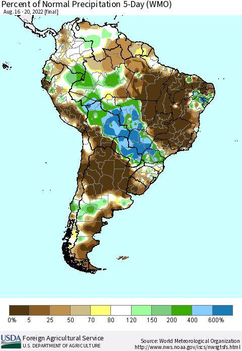 South America Percent of Normal Precipitation 5-Day (WMO) Thematic Map For 8/16/2022 - 8/20/2022