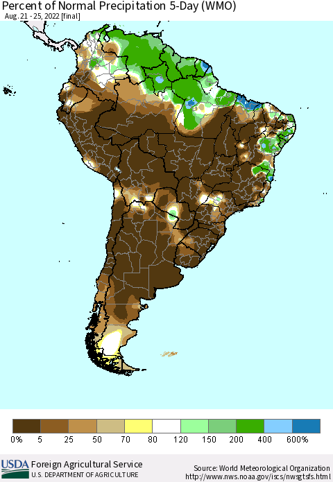 South America Percent of Normal Precipitation 5-Day (WMO) Thematic Map For 8/21/2022 - 8/25/2022