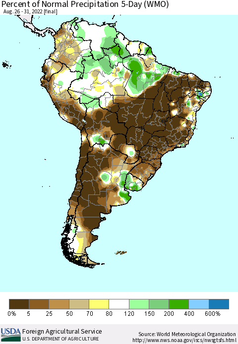 South America Percent of Normal Precipitation 5-Day (WMO) Thematic Map For 8/26/2022 - 8/31/2022