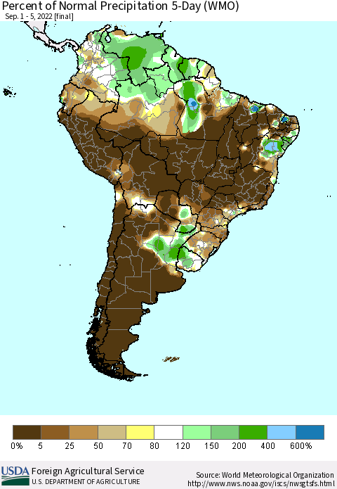 South America Percent of Normal Precipitation 5-Day (WMO) Thematic Map For 9/1/2022 - 9/5/2022