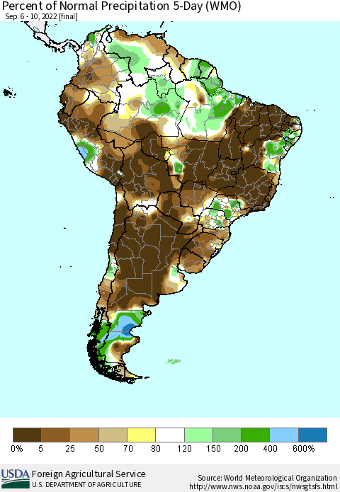 South America Percent of Normal Precipitation 5-Day (WMO) Thematic Map For 9/6/2022 - 9/10/2022