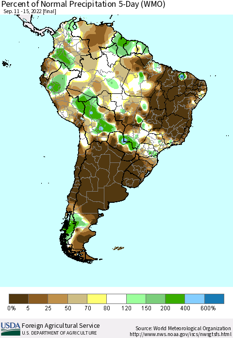 South America Percent of Normal Precipitation 5-Day (WMO) Thematic Map For 9/11/2022 - 9/15/2022