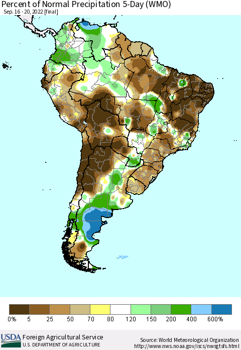 South America Percent of Normal Precipitation 5-Day (WMO) Thematic Map For 9/16/2022 - 9/20/2022