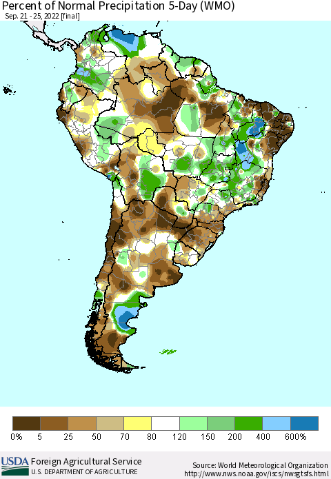 South America Percent of Normal Precipitation 5-Day (WMO) Thematic Map For 9/21/2022 - 9/25/2022