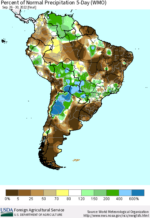 South America Percent of Normal Precipitation 5-Day (WMO) Thematic Map For 9/26/2022 - 9/30/2022