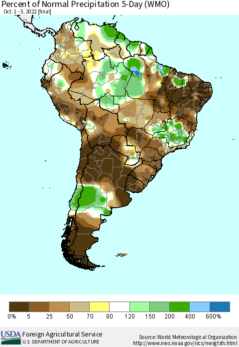 South America Percent of Normal Precipitation 5-Day (WMO) Thematic Map For 10/1/2022 - 10/5/2022