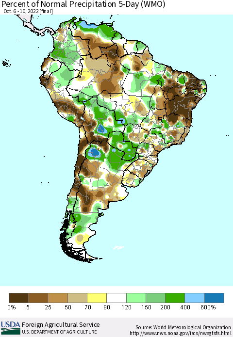 South America Percent of Normal Precipitation 5-Day (WMO) Thematic Map For 10/6/2022 - 10/10/2022