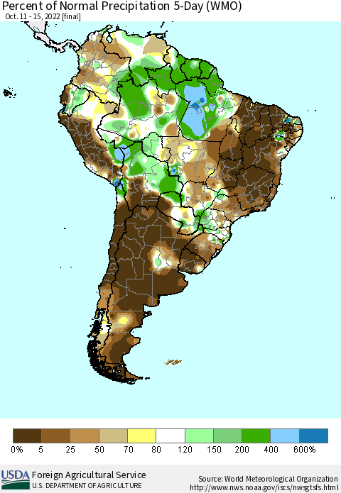 South America Percent of Normal Precipitation 5-Day (WMO) Thematic Map For 10/11/2022 - 10/15/2022