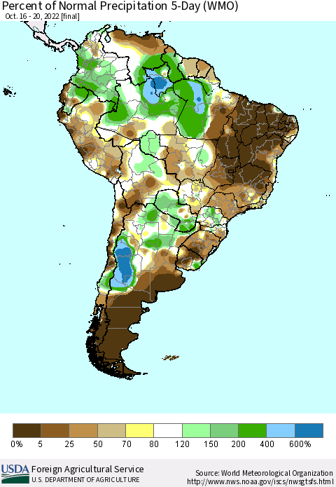 South America Percent of Normal Precipitation 5-Day (WMO) Thematic Map For 10/16/2022 - 10/20/2022