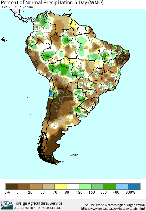 South America Percent of Normal Precipitation 5-Day (WMO) Thematic Map For 10/21/2022 - 10/25/2022