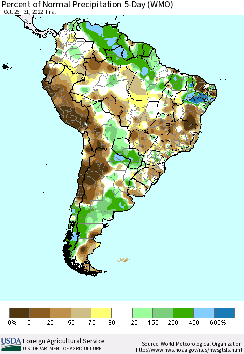 South America Percent of Normal Precipitation 5-Day (WMO) Thematic Map For 10/26/2022 - 10/31/2022