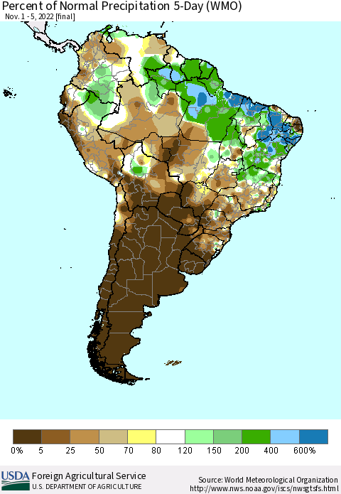 South America Percent of Normal Precipitation 5-Day (WMO) Thematic Map For 11/1/2022 - 11/5/2022