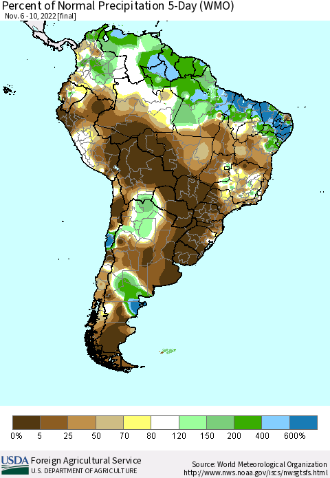 South America Percent of Normal Precipitation 5-Day (WMO) Thematic Map For 11/6/2022 - 11/10/2022