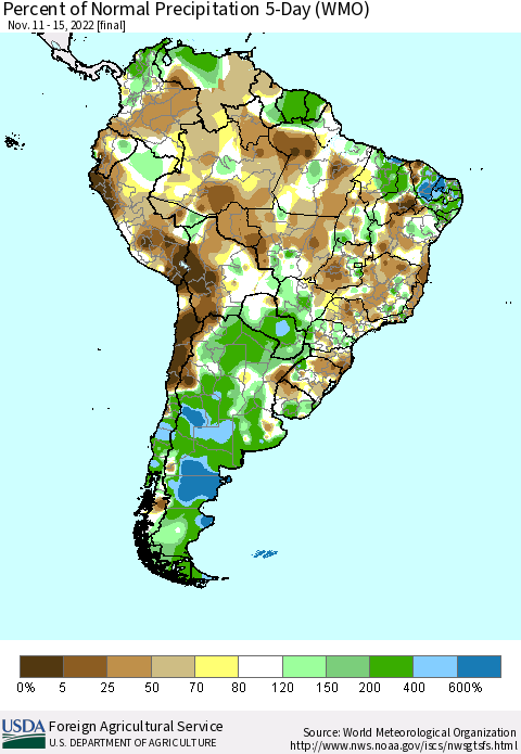 South America Percent of Normal Precipitation 5-Day (WMO) Thematic Map For 11/11/2022 - 11/15/2022