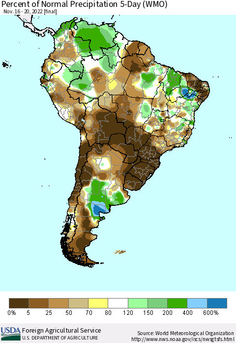 South America Percent of Normal Precipitation 5-Day (WMO) Thematic Map For 11/16/2022 - 11/20/2022