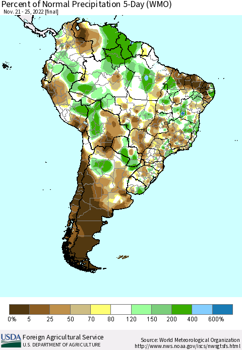 South America Percent of Normal Precipitation 5-Day (WMO) Thematic Map For 11/21/2022 - 11/25/2022