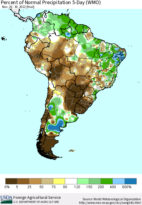 South America Percent of Normal Precipitation 5-Day (WMO) Thematic Map For 11/26/2022 - 11/30/2022