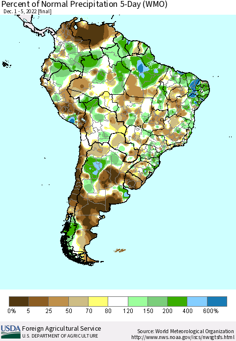 South America Percent of Normal Precipitation 5-Day (WMO) Thematic Map For 12/1/2022 - 12/5/2022