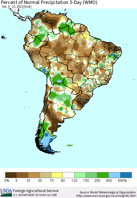 South America Percent of Normal Precipitation 5-Day (WMO) Thematic Map For 12/6/2022 - 12/10/2022