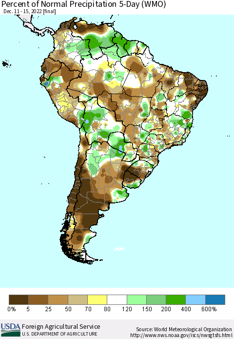 South America Percent of Normal Precipitation 5-Day (WMO) Thematic Map For 12/11/2022 - 12/15/2022
