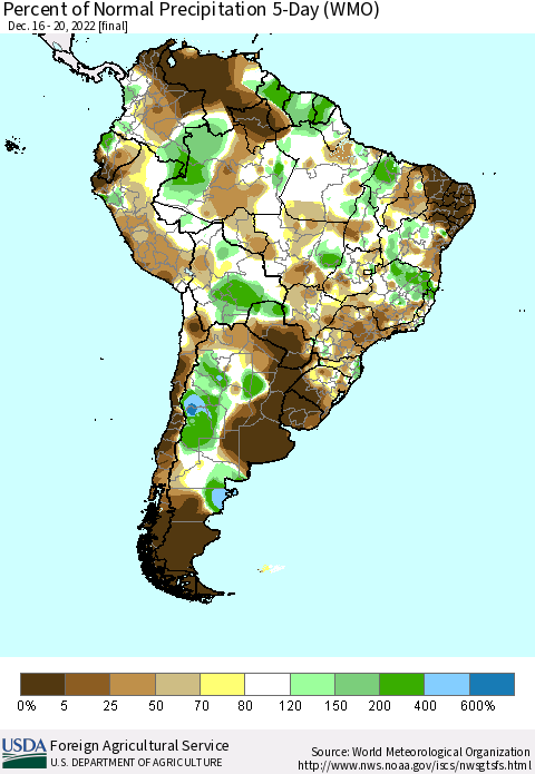 South America Percent of Normal Precipitation 5-Day (WMO) Thematic Map For 12/16/2022 - 12/20/2022