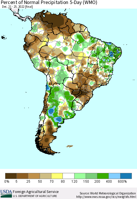 South America Percent of Normal Precipitation 5-Day (WMO) Thematic Map For 12/21/2022 - 12/25/2022