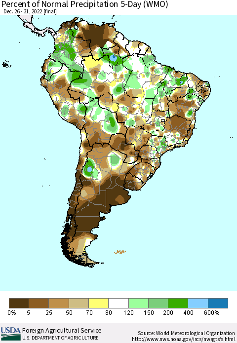 South America Percent of Normal Precipitation 5-Day (WMO) Thematic Map For 12/26/2022 - 12/31/2022