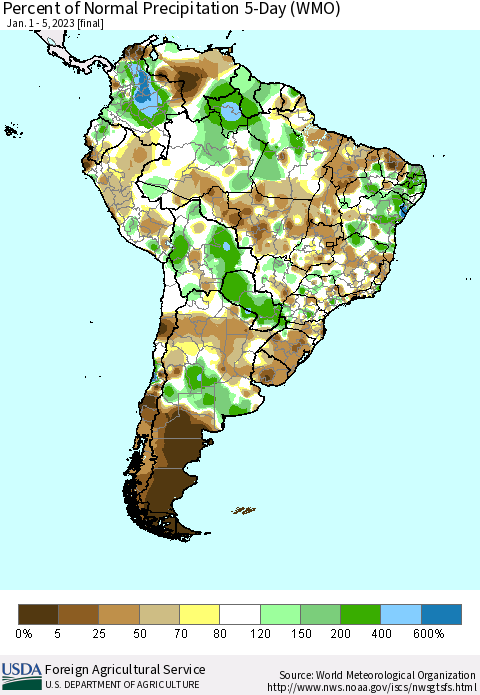 South America Percent of Normal Precipitation 5-Day (WMO) Thematic Map For 1/1/2023 - 1/5/2023