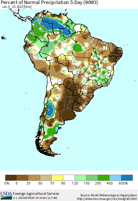 South America Percent of Normal Precipitation 5-Day (WMO) Thematic Map For 1/6/2023 - 1/10/2023