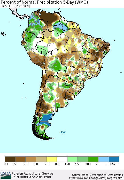 South America Percent of Normal Precipitation 5-Day (WMO) Thematic Map For 1/11/2023 - 1/15/2023