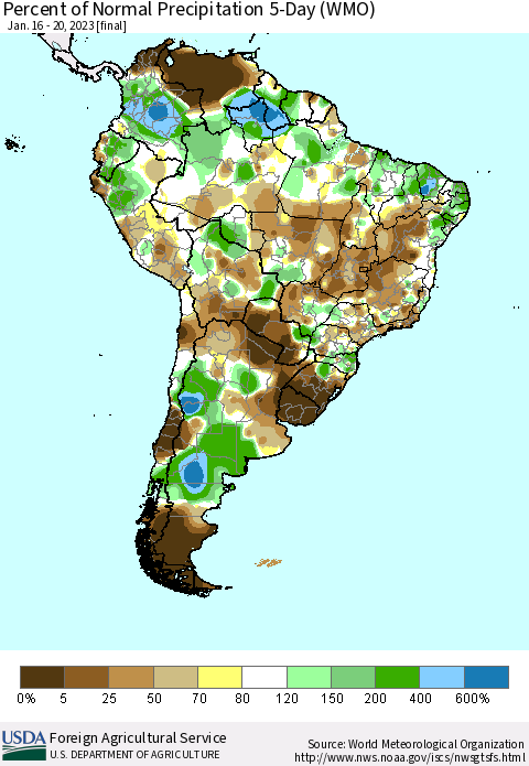 South America Percent of Normal Precipitation 5-Day (WMO) Thematic Map For 1/16/2023 - 1/20/2023