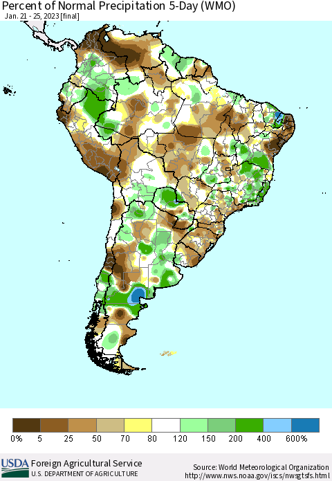 South America Percent of Normal Precipitation 5-Day (WMO) Thematic Map For 1/21/2023 - 1/25/2023