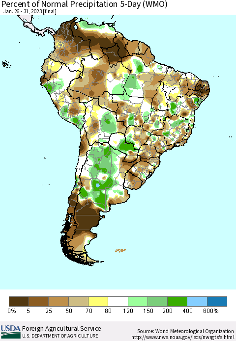 South America Percent of Normal Precipitation 5-Day (WMO) Thematic Map For 1/26/2023 - 1/31/2023