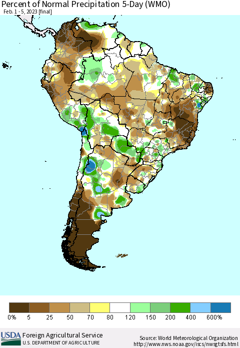 South America Percent of Normal Precipitation 5-Day (WMO) Thematic Map For 2/1/2023 - 2/5/2023