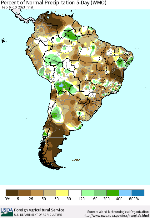 South America Percent of Normal Precipitation 5-Day (WMO) Thematic Map For 2/6/2023 - 2/10/2023