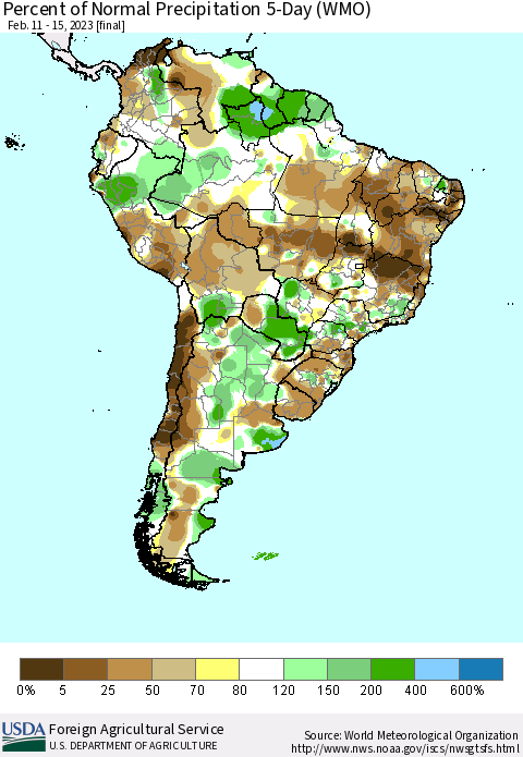 South America Percent of Normal Precipitation 5-Day (WMO) Thematic Map For 2/11/2023 - 2/15/2023