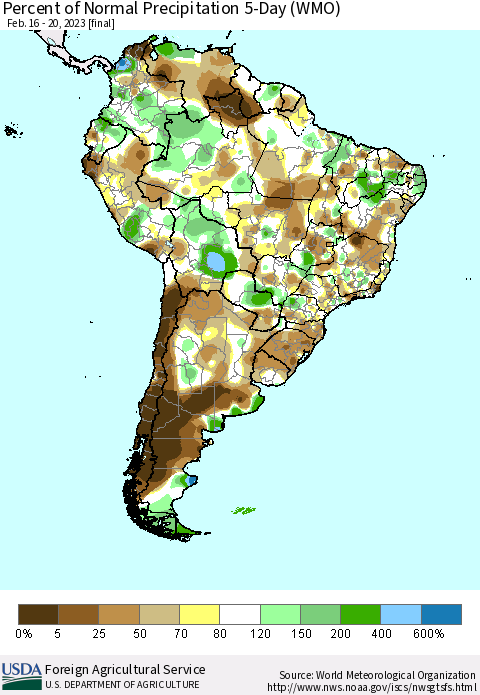 South America Percent of Normal Precipitation 5-Day (WMO) Thematic Map For 2/16/2023 - 2/20/2023